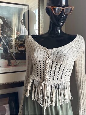 Boho Off-the-Shoulder Fringe Knit Sweater - Cream